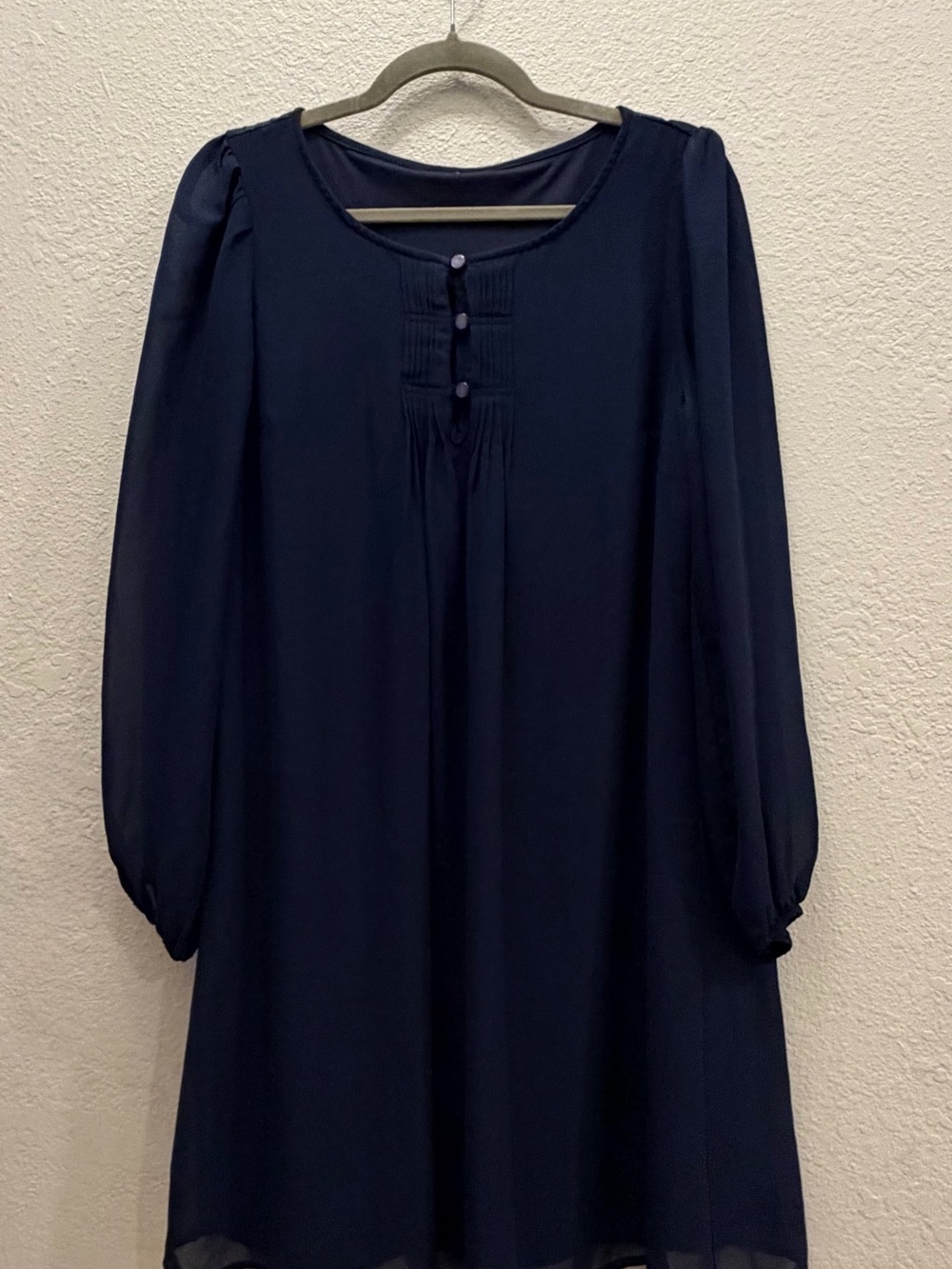 Navy Blue Chiffon Shift Dress Long Sleeve Flowy Size Large